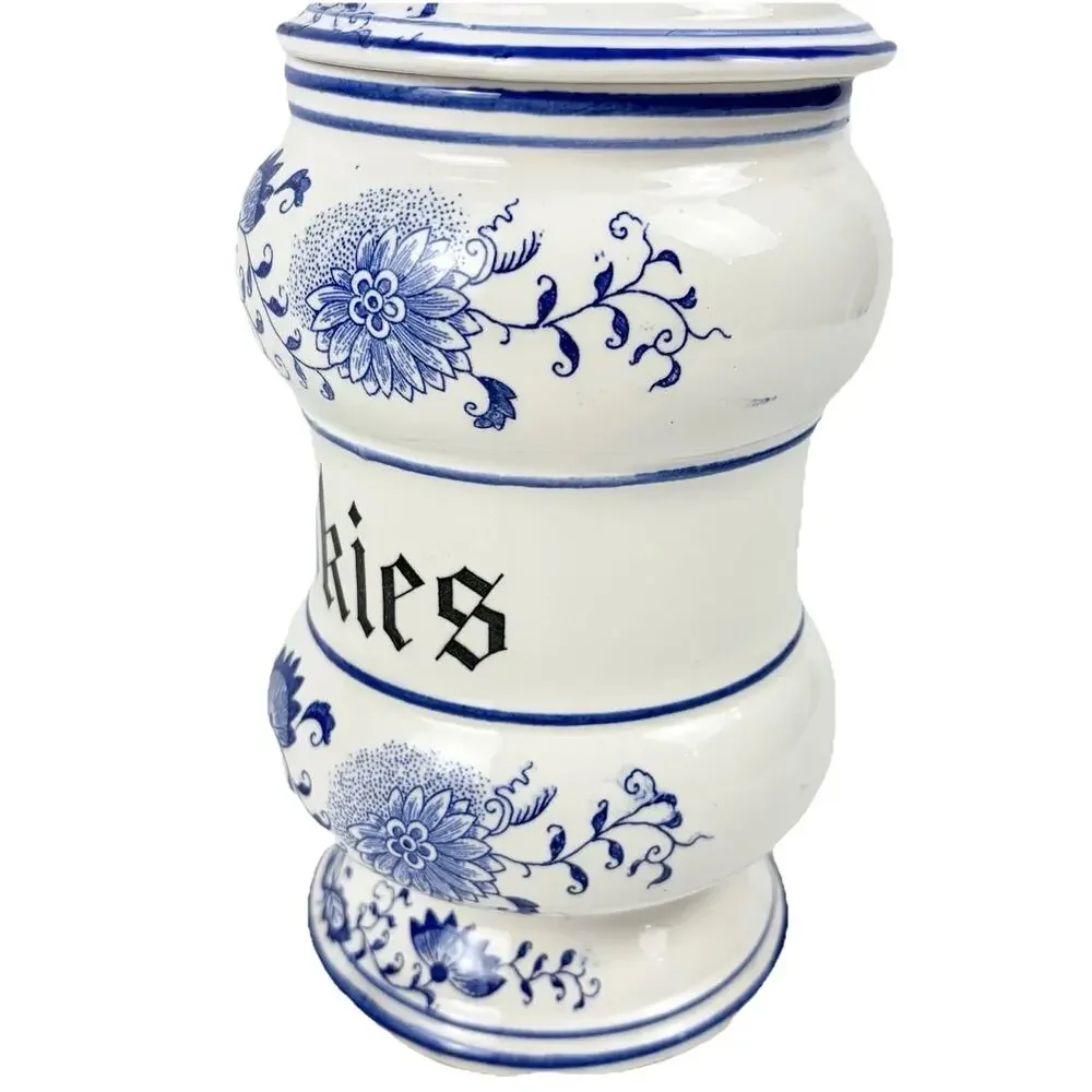 VTG Arnart Blue Onion Danube Ceramic Cookie Canister Jar w/Lid White Floral Blue